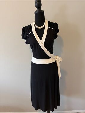 bebe Black Dress with Cream Wrap Trim and Sash
